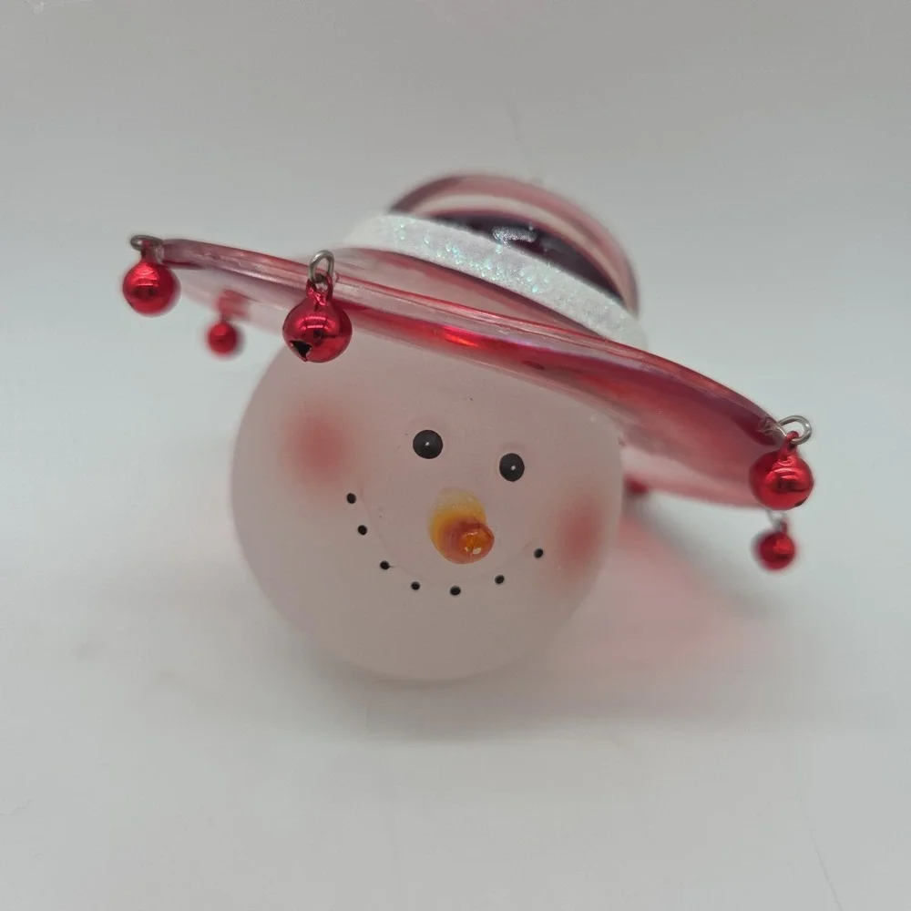 Art Glass Snowman Face In Garden Sunhat With Bells Hanging Christmas Ornament